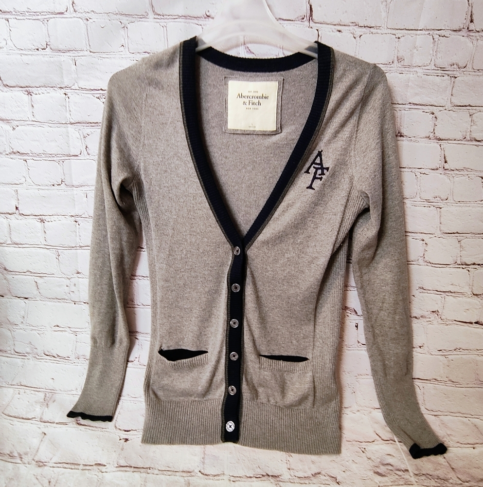 Abercrombie & Fitch Women's Academia Logo Preppy Ribbed Grey Cardigan Sweater L